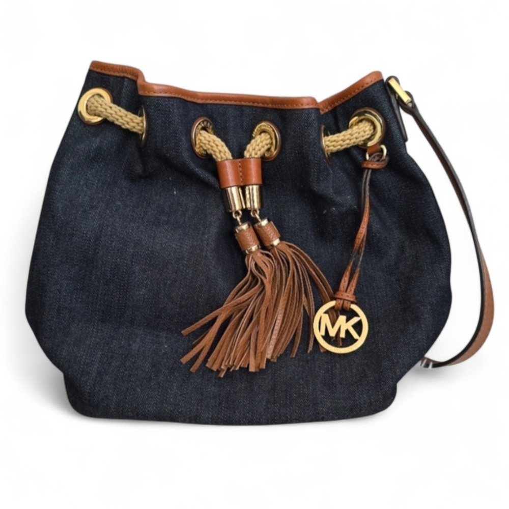 Michael Kors Blue Denim Designer Hobi Handbag With Brown Leather Tassels